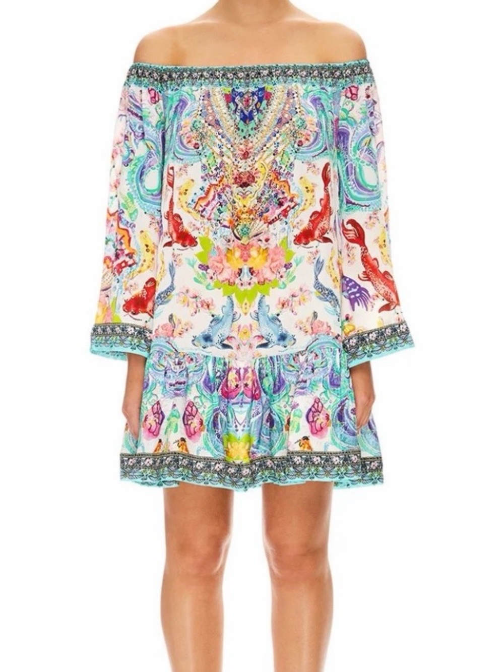 Camilla Off-Shoulder Multicolor Floral Print Dress Size M NWT